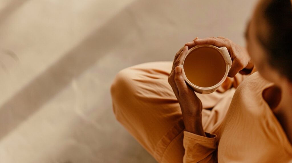 Calming cup of tea in yoga studio